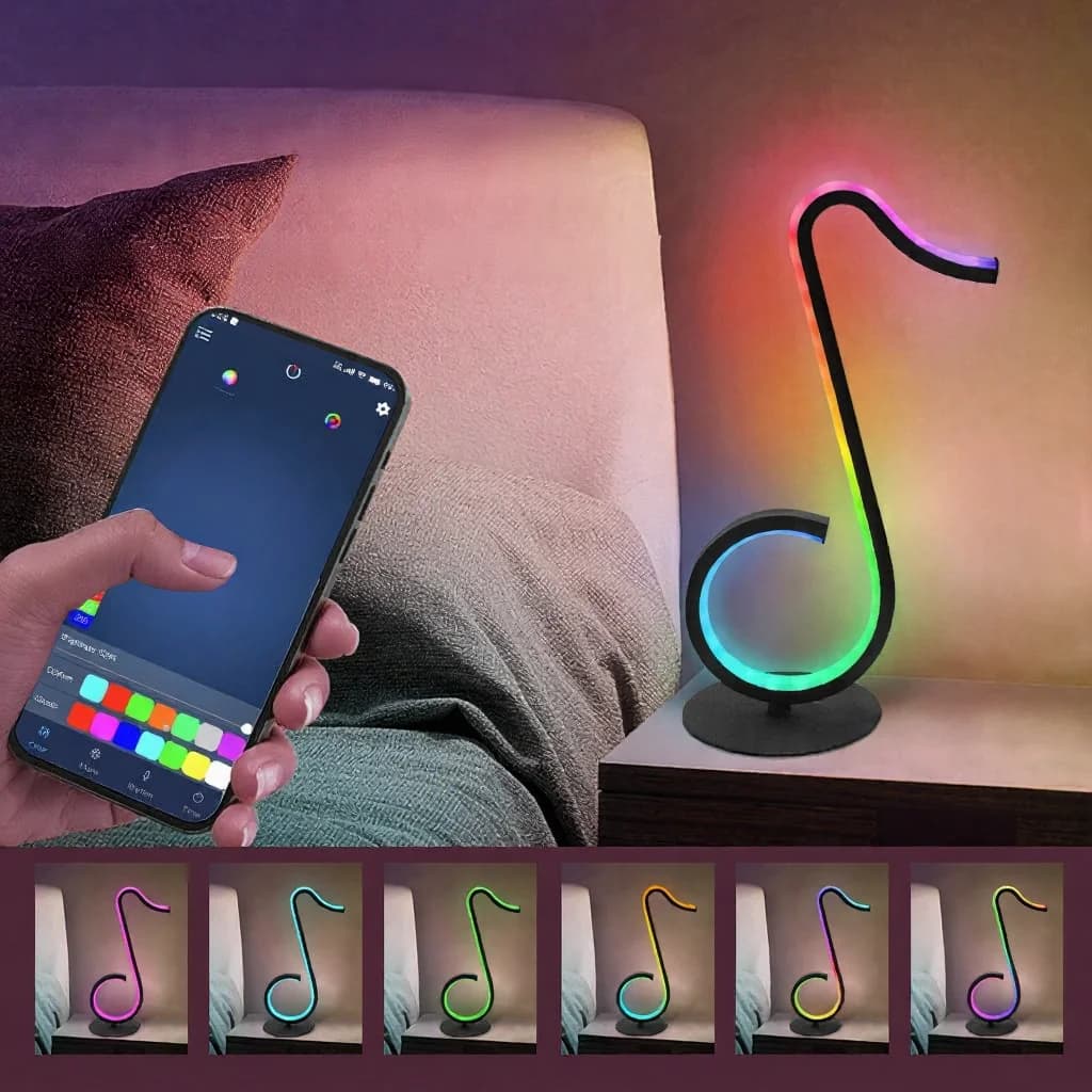 Luminária de Mesa USB com Design de Nota Musical RGB e Controle Remoto