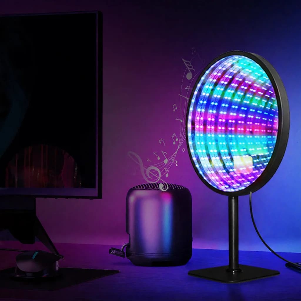 Espelho Infinito Redondo em Acrílico Luz 3D Abismo Lâmpada de Ambiente RGB USB