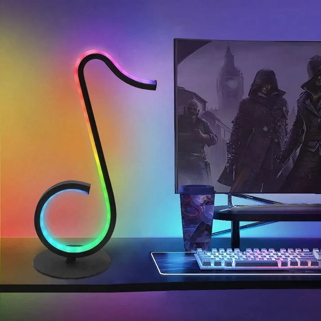 Luminária de Mesa USB com Design de Nota Musical RGB e Controle Remoto