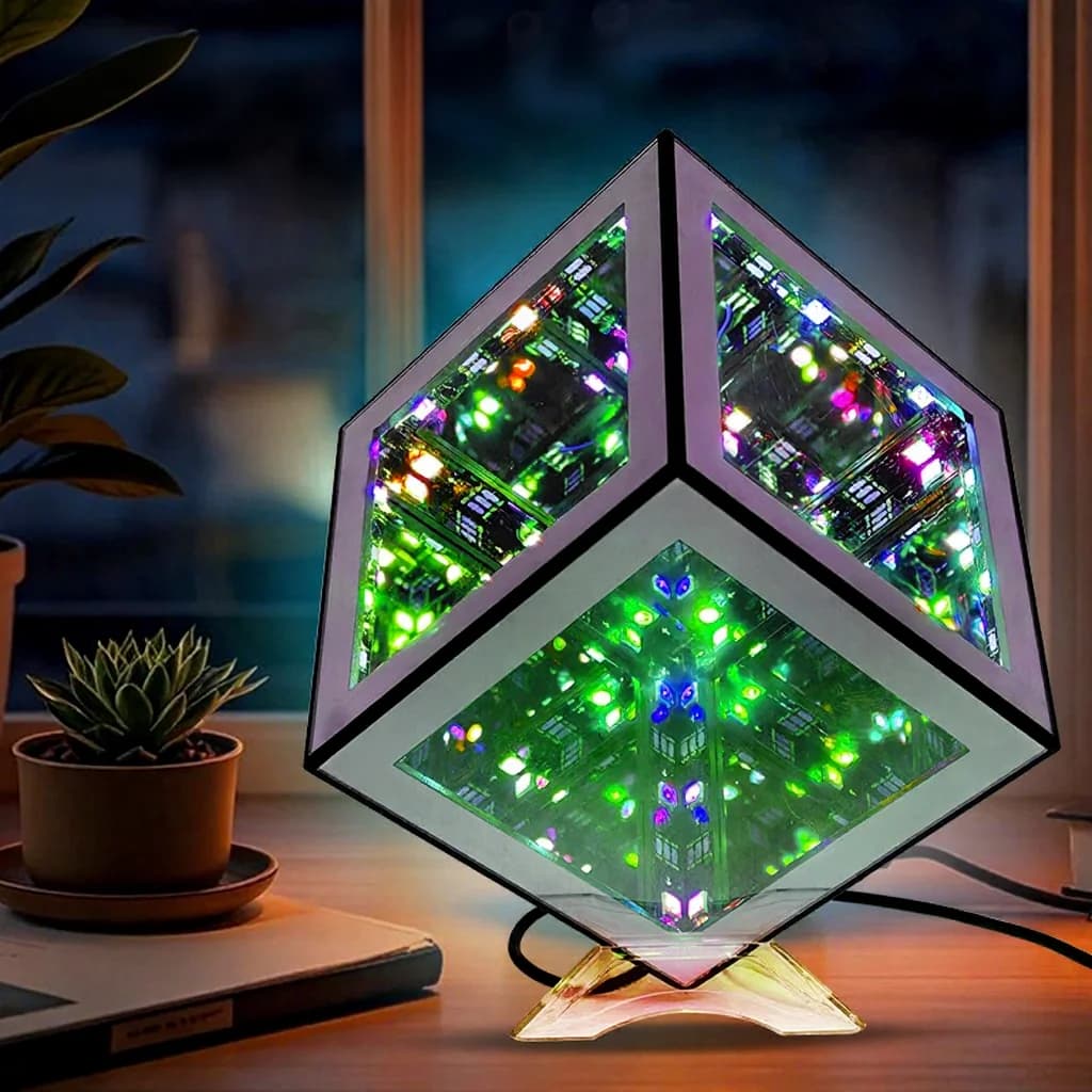 Lâmpada Cubo Infinito 3D com Luz Ambiente RGB e Modo Reativo ao Som
