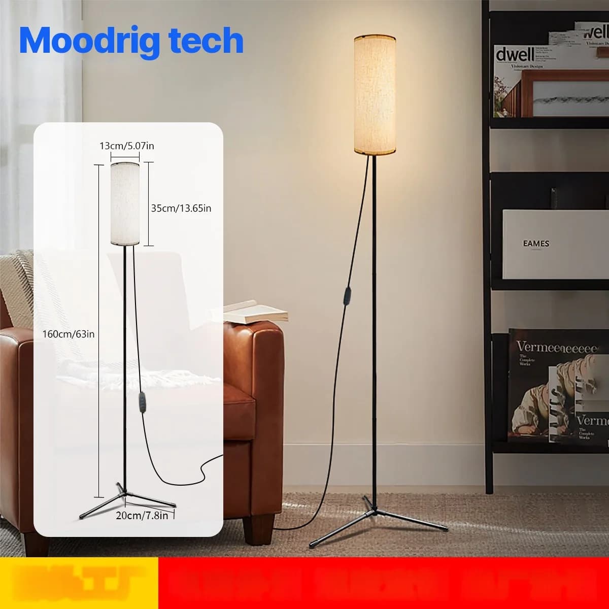Luminária de Piso LED com Abajur de Tecido, Luz Tricolor Regulável