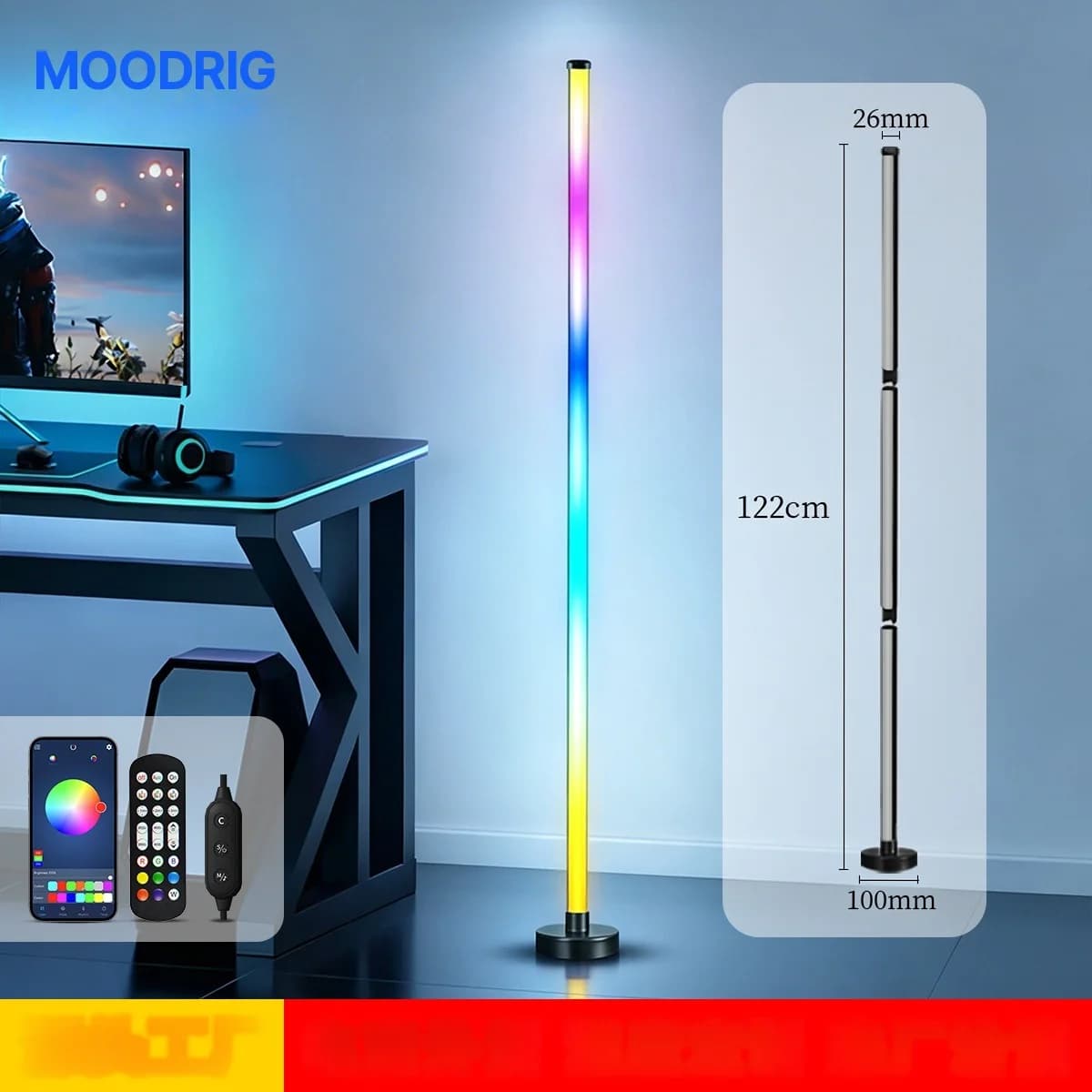 Luminária de Piso de Canto LED RGB com Sync Musical, Controle por App e Remoto