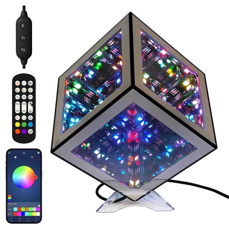 Lâmpada Cubo Infinito 3D com Luz Ambiente RGB e Modo Reativo ao Som
