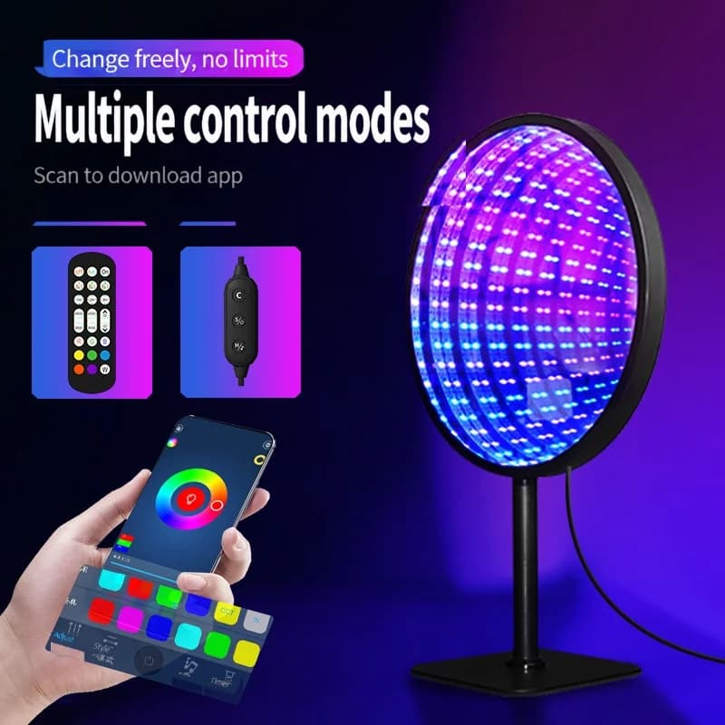 Espelho Infinito Redondo em Acrílico Luz 3D Abismo Lâmpada de Ambiente RGB USB
