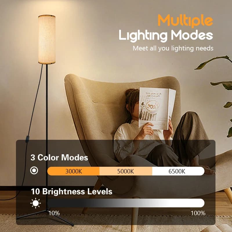 Luminária de Piso LED com Abajur de Tecido, Luz Tricolor Regulável